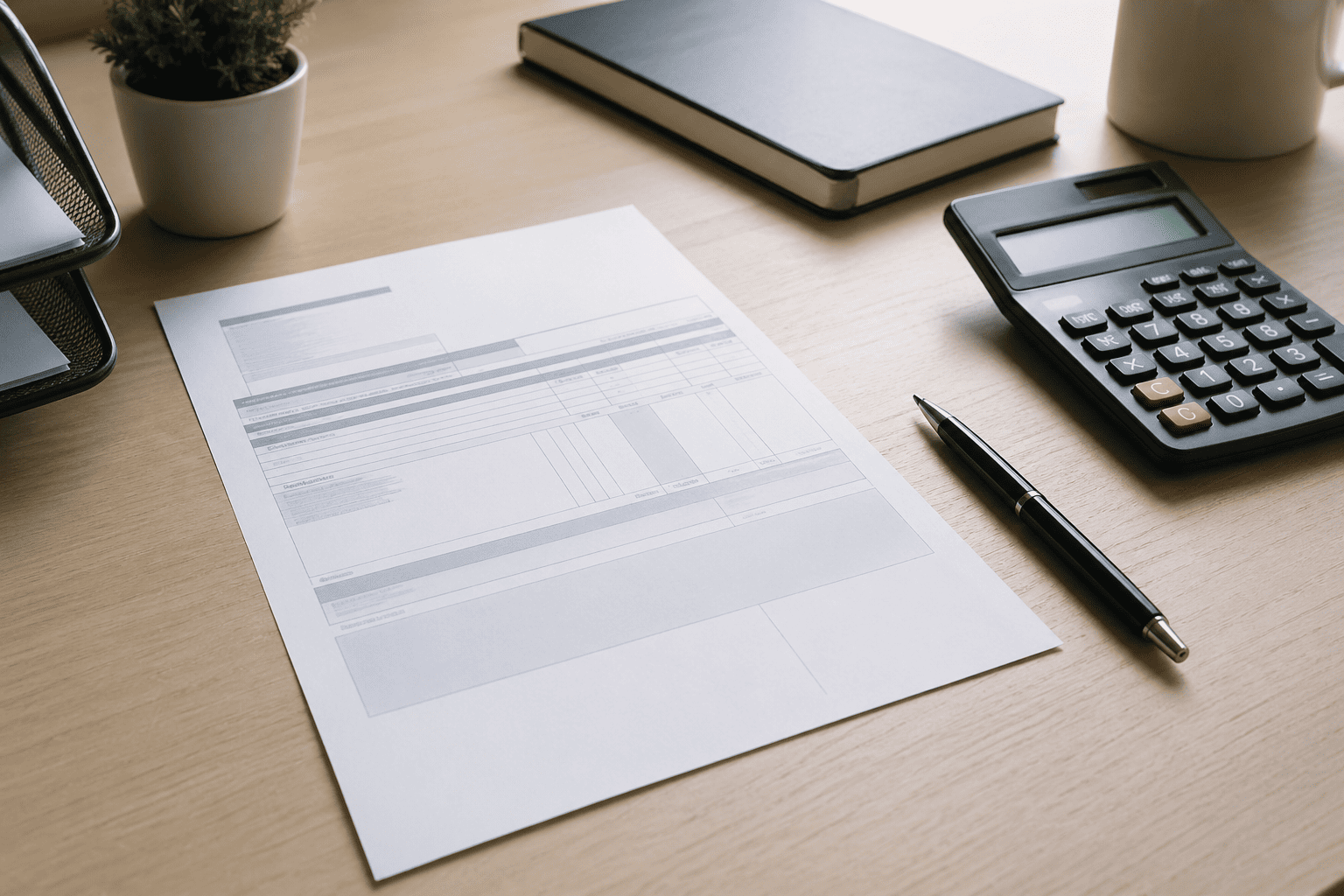 Recibo de salario impreso sobre escritorio de madera junto a calculadora y bolígrafo, representando la revisión de una nómina mensual.