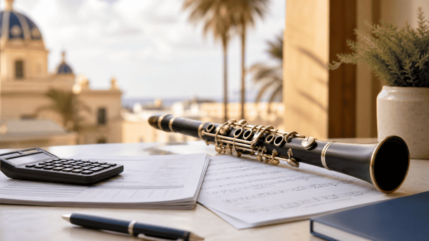 Clarinete sobre partituras y calculadora en terraza valenciana, representando la deducción en el IRPF por gastos de formación musical en la Comunitat Valenciana.