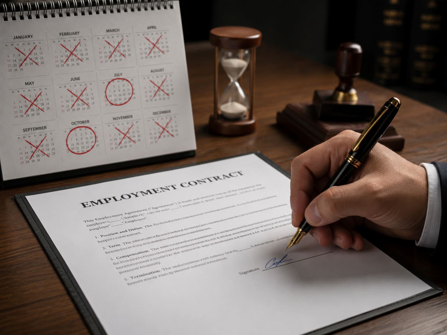 Firma de contrato fijo-discontinuo sobre escritorio con calendario anual marcando periodos de actividad e inactividad laboral.