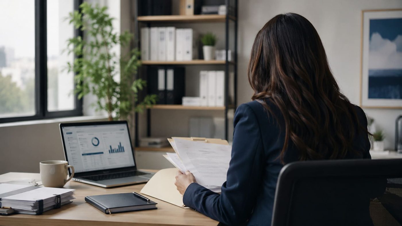 Profesional revisando documentos y facturas en una oficina contable.