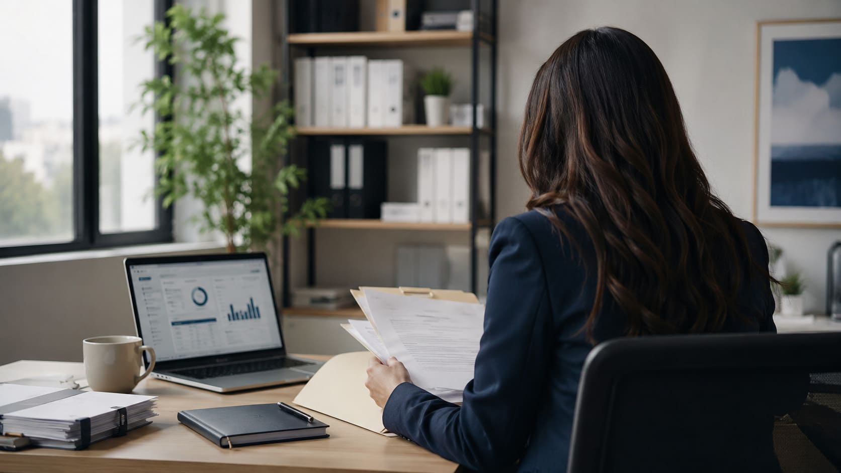 Profesional revisando documentos y facturas en una oficina contable.