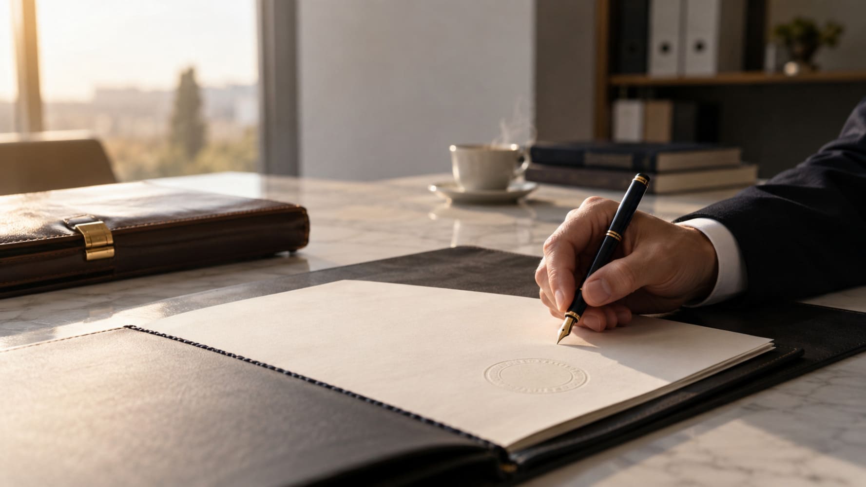 Firma de una escritura notarial con pluma sobre un documento oficial.