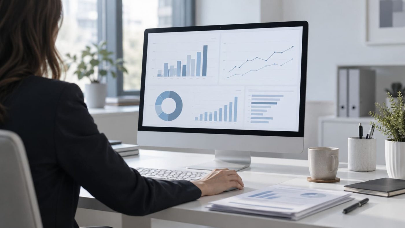 Persona revisando gráficos de un informe financiero en el ordenador.