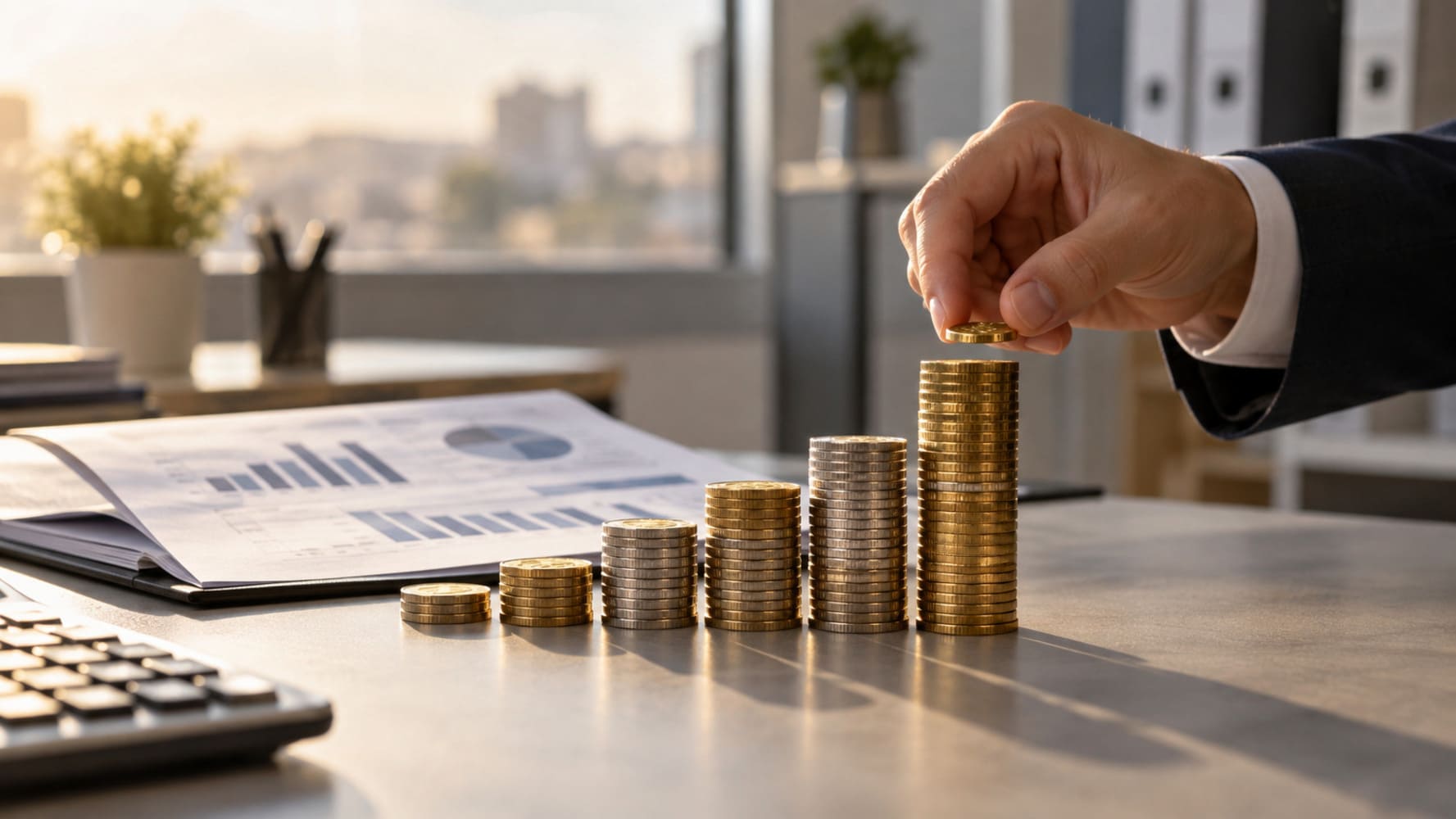 Pilas de monedas en orden ascendente sobre un escritorio con informes.