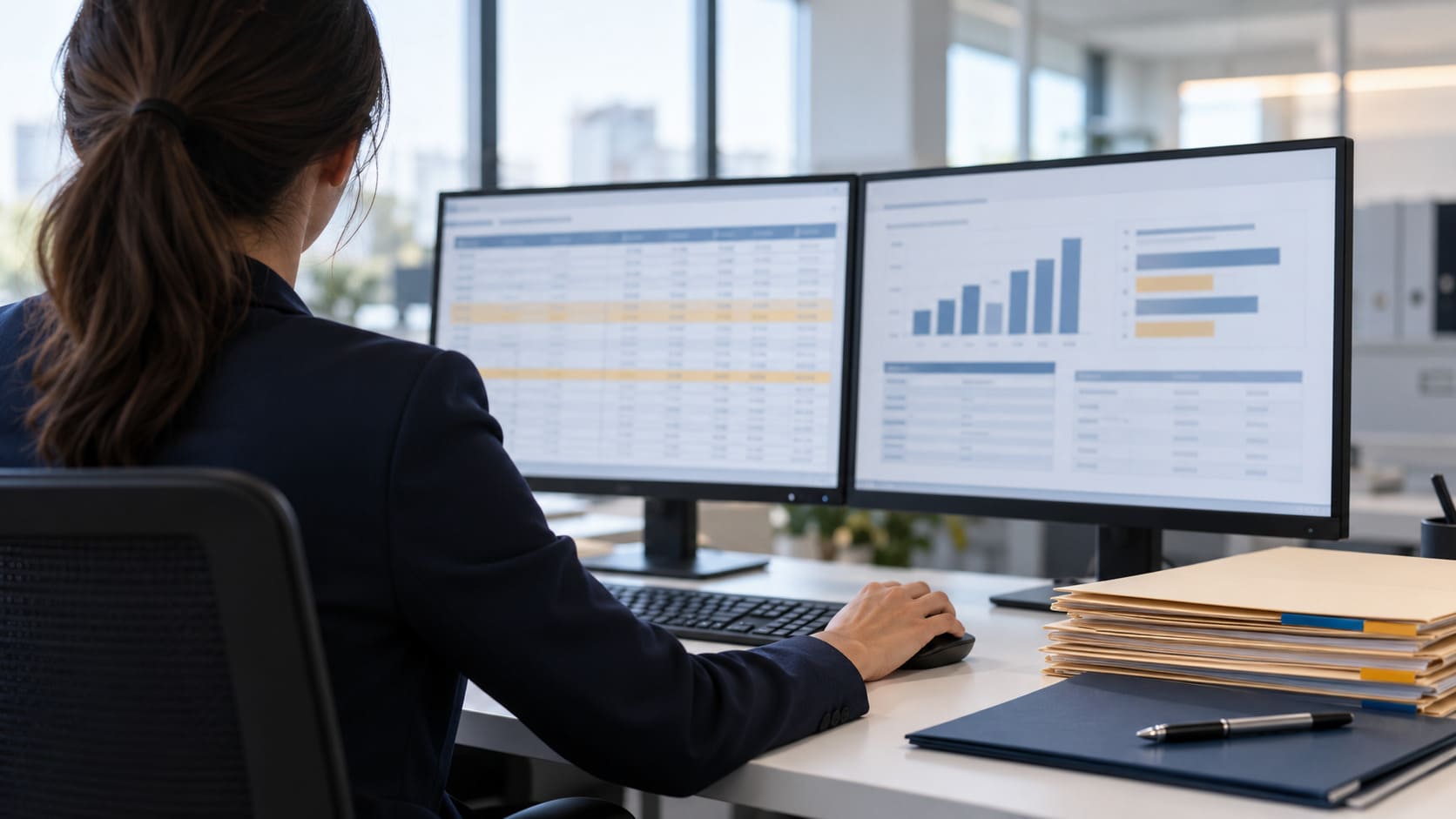 Profesional revisando hojas de cálculo, gráficos y tablas comparativas en dos monitores, desde su puesto de trabajo en una oficina moderna, con documentación y expedientes sobre el escritorio.